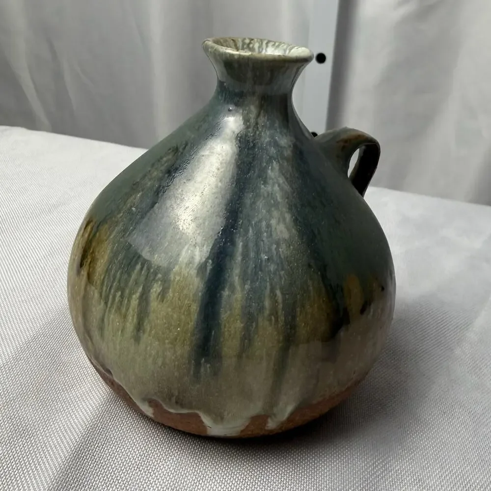 VTG Mingei Style Studio Pottery Stoneware Jug Bud Vase Drip Glaze Blue Green - Picture 7 of 10